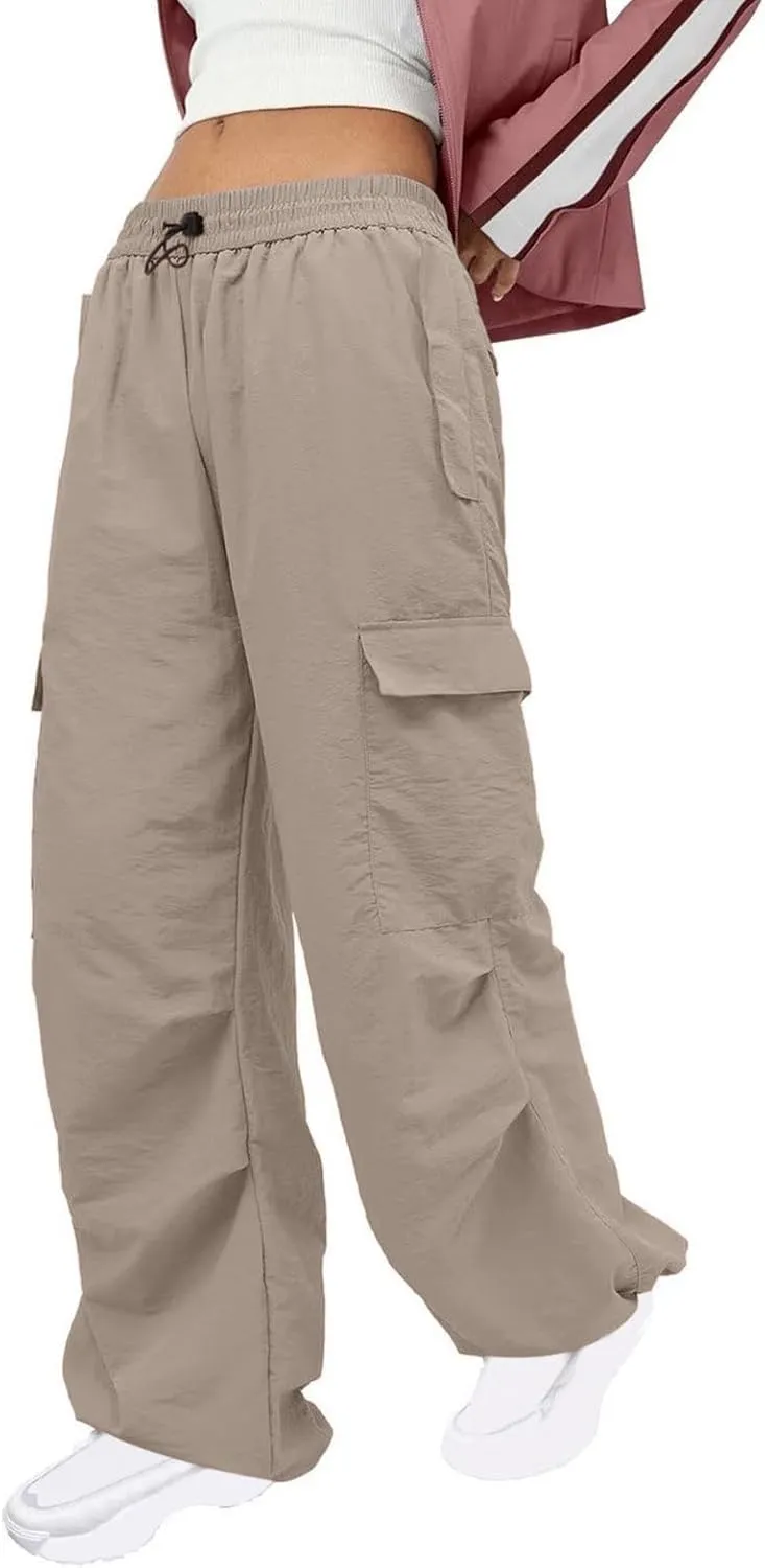 Y2K Teen Girls Street Cargo Pants Cute Low Waist Parachute Pants Multi-Pockets Wide Leg Cargo Pants Light Sweatpants