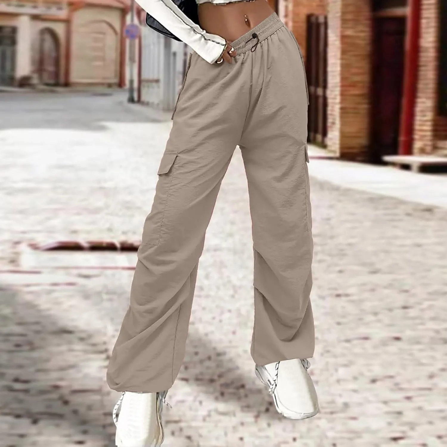 Y2K Teen Girls Street Cargo Pants Cute Low Waist Parachute Pants Multi-Pockets Wide Leg Cargo Pants Light Sweatpants