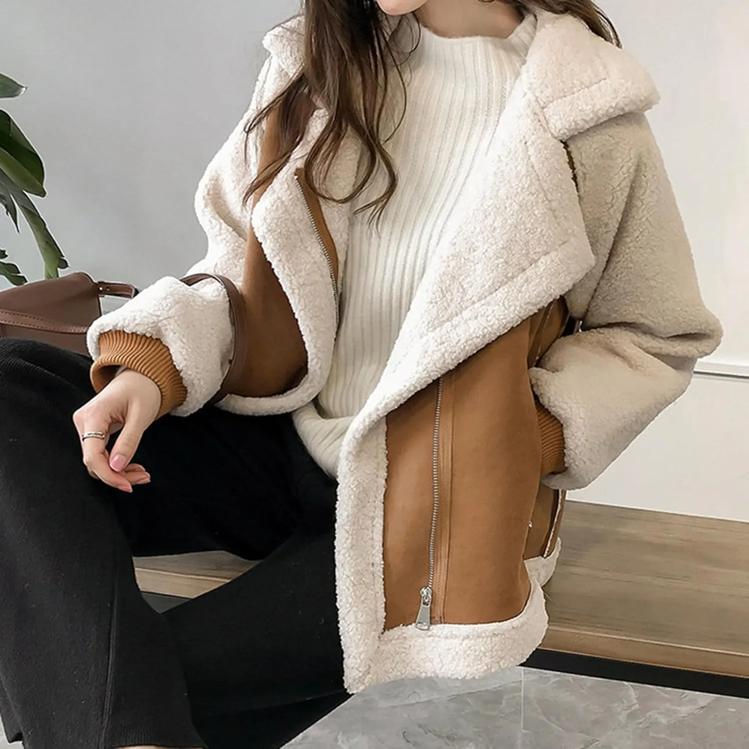 yardsong Women's Sherpa Lined Suede Coats Winter Warm Fuzzy Fleece Cozy Jackets Zip Up Lapel Collar Loose Fit Outwear