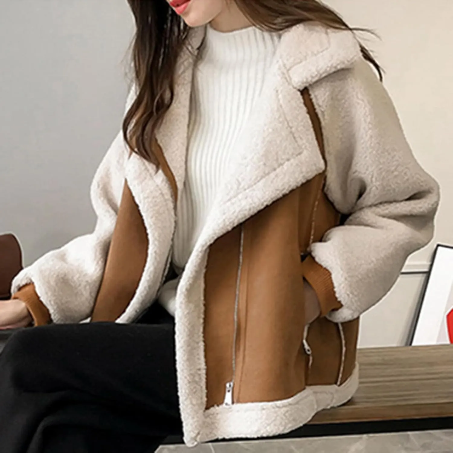 yardsong Women's Sherpa Lined Suede Coats Winter Warm Fuzzy Fleece Cozy Jackets Zip Up Lapel Collar Loose Fit Outwear
