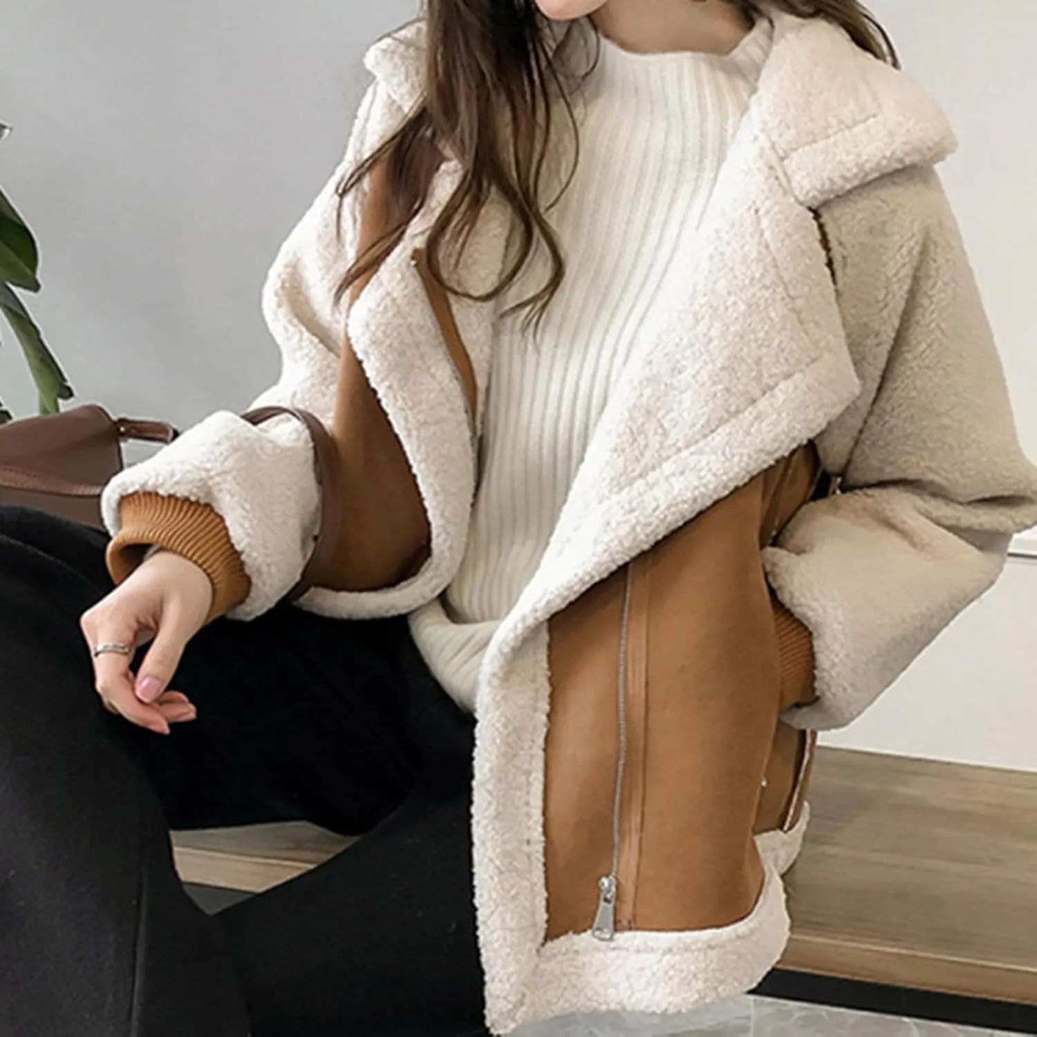 yardsong Women's Sherpa Lined Suede Coats Winter Warm Fuzzy Fleece Cozy Jackets Zip Up Lapel Collar Loose Fit Outwear