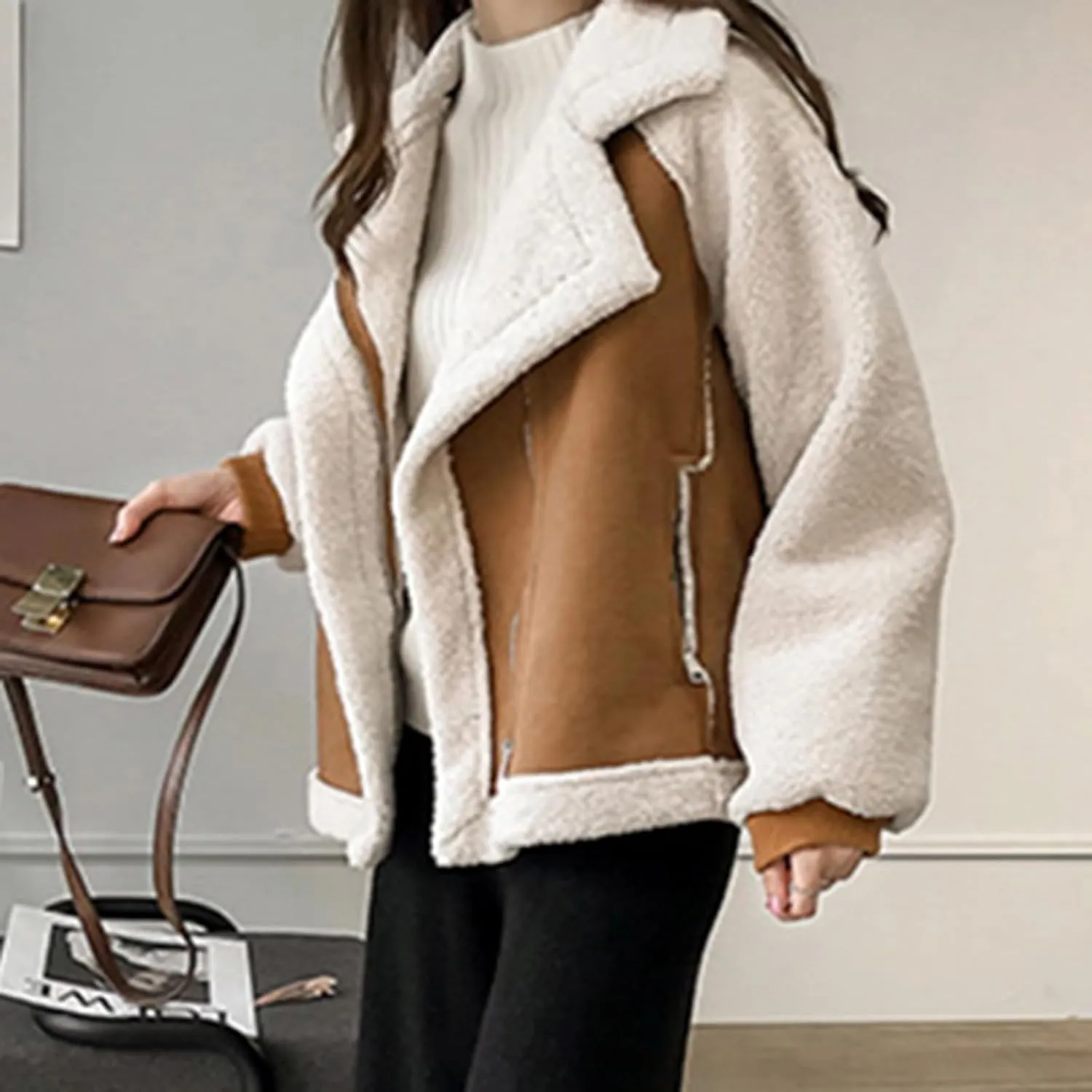 yardsong Women's Sherpa Lined Suede Coats Winter Warm Fuzzy Fleece Cozy Jackets Zip Up Lapel Collar Loose Fit Outwear