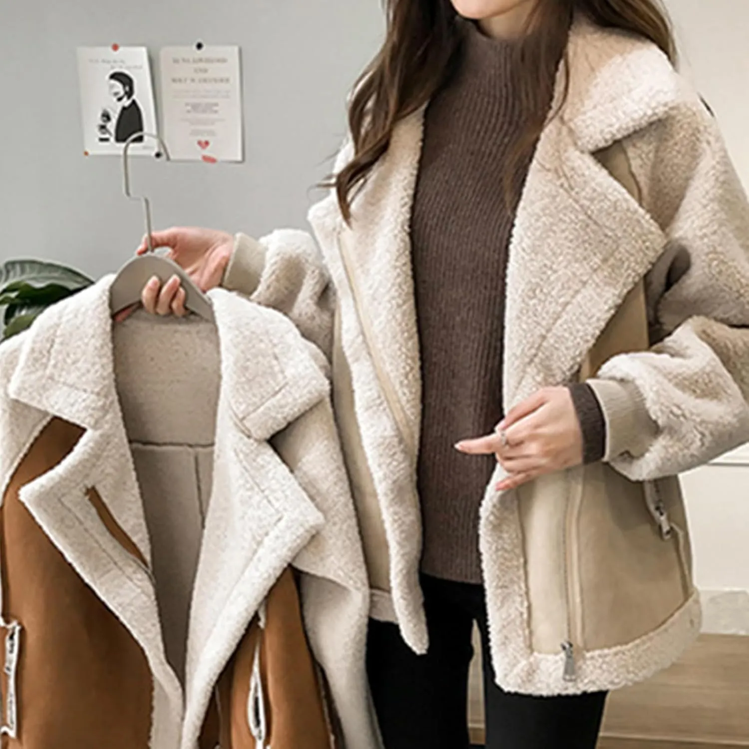 yardsong Women's Sherpa Lined Suede Coats Winter Warm Fuzzy Fleece Cozy Jackets Zip Up Lapel Collar Loose Fit Outwear