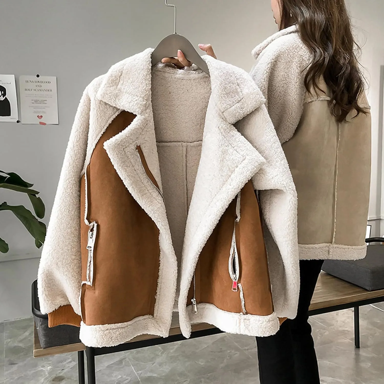 yardsong Women's Sherpa Lined Suede Coats Winter Warm Fuzzy Fleece Cozy Jackets Zip Up Lapel Collar Loose Fit Outwear