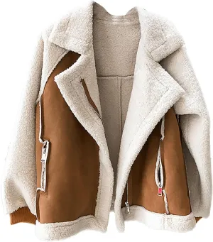 yardsong Women's Sherpa Lined Suede Coats Winter Warm Fuzzy Fleece Cozy Jackets Zip Up Lapel Collar Loose Fit Outwear