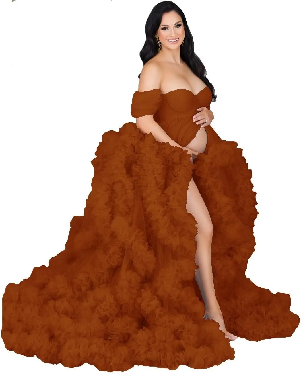 yinyyinhs Women's Tulle Robe Maternity Dress for Photoshoot Long Off Shoulder Puffy Bridal Lingerie Bathgown Baby Shower