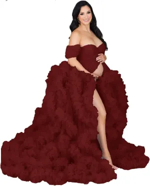 yinyyinhs Women's Tulle Robe Maternity Dress for Photoshoot Long Off Shoulder Puffy Bridal Lingerie Bathgown Baby Shower