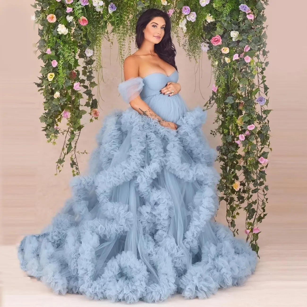 yinyyinhs Women's Tulle Robe Maternity Dress for Photoshoot Long Off Shoulder Puffy Bridal Lingerie Bathgown Baby Shower