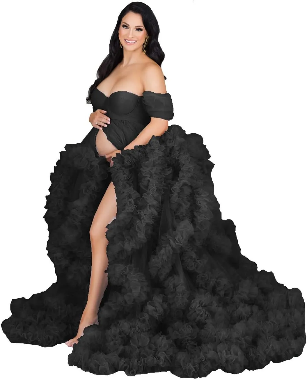 yinyyinhs Women's Tulle Robe Maternity Dress for Photoshoot Long Off Shoulder Puffy Bridal Lingerie Bathgown Baby Shower