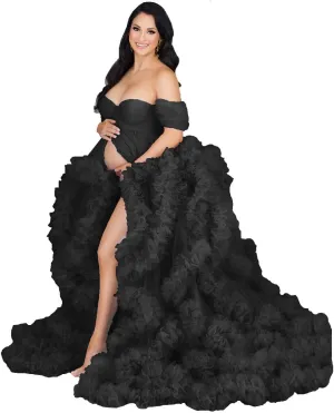 yinyyinhs Women's Tulle Robe Maternity Dress for Photoshoot Long Off Shoulder Puffy Bridal Lingerie Bathgown Baby Shower