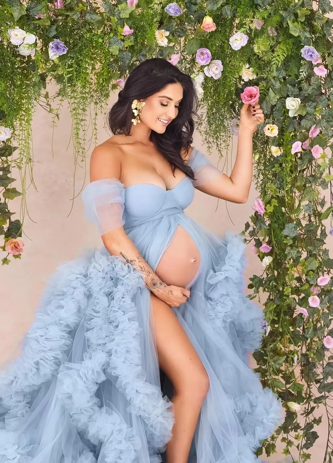 yinyyinhs Women's Tulle Robe Maternity Dress for Photoshoot Long Off Shoulder Puffy Bridal Lingerie Bathgown Baby Shower