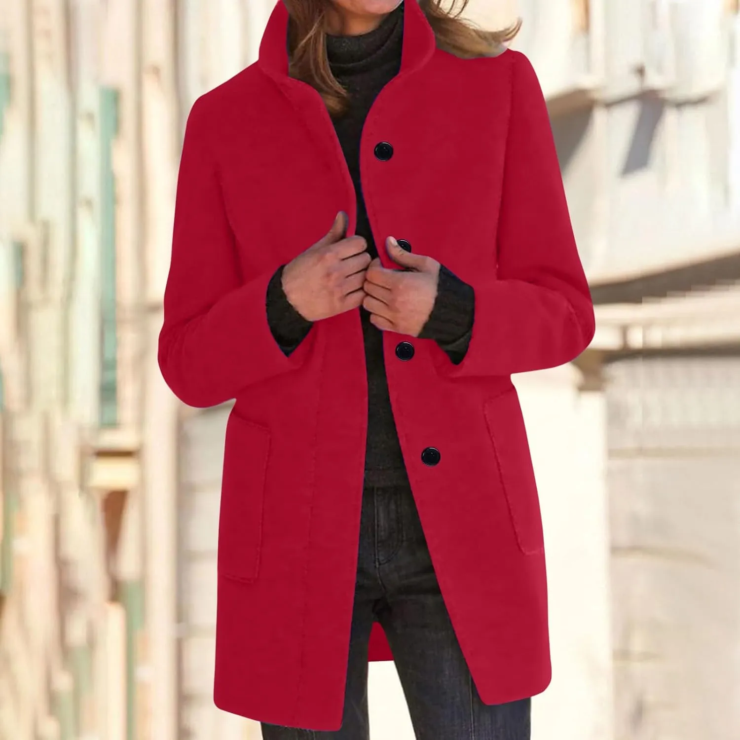 YRAETENM Women's Winter Single Breasted Stand Collar Wool Coat Blazer Jacket Casual Mid-Long Peacoat Trench Coat with Pockets