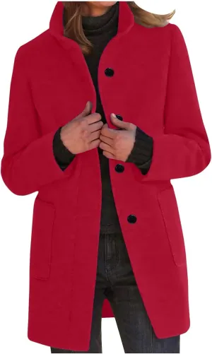 YRAETENM Women's Winter Single Breasted Stand Collar Wool Coat Blazer Jacket Casual Mid-Long Peacoat Trench Coat with Pockets