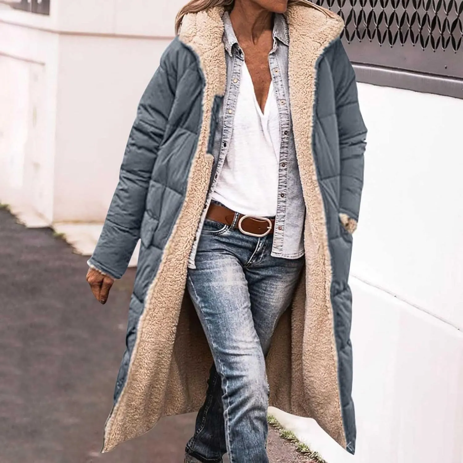 YRAETENM Womens Winter Warm Coats Sherpa Fleece Lined Hooded Puffer Jacket Oversized Shearling Fleece Long Coats with Pockets