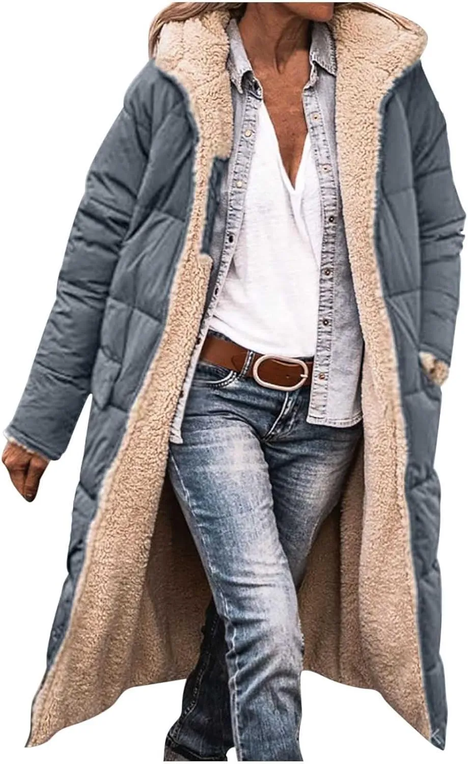 YRAETENM Womens Winter Warm Coats Sherpa Fleece Lined Hooded Puffer Jacket Oversized Shearling Fleece Long Coats with Pockets