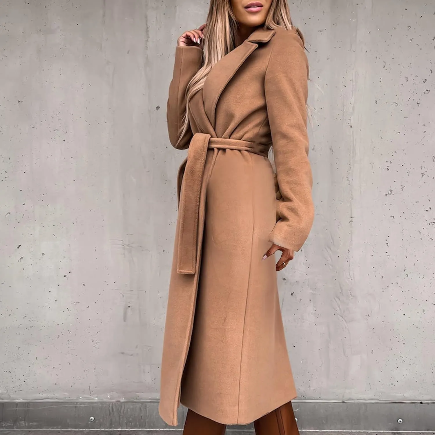 YRAETENM Wool Coats for Women Casual Notch Lapel Belted Mid Long Trench Coats Peacoats Fall Winter Warm Wrap Coats Overcoat