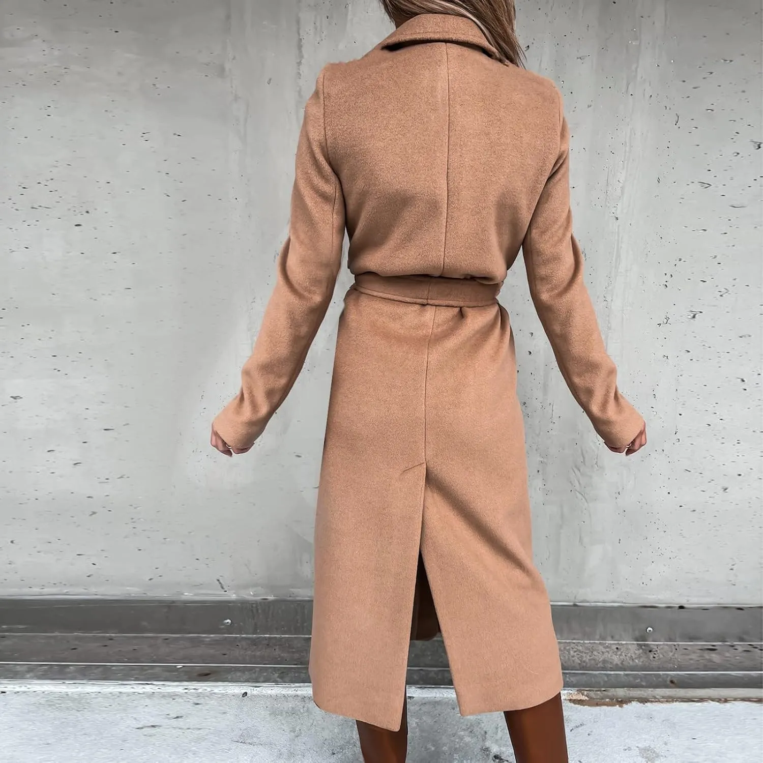 YRAETENM Wool Coats for Women Casual Notch Lapel Belted Mid Long Trench Coats Peacoats Fall Winter Warm Wrap Coats Overcoat