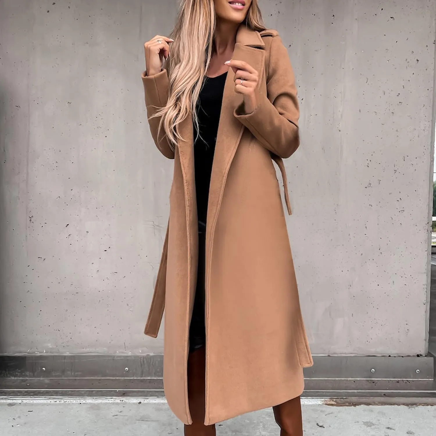 YRAETENM Wool Coats for Women Casual Notch Lapel Belted Mid Long Trench Coats Peacoats Fall Winter Warm Wrap Coats Overcoat
