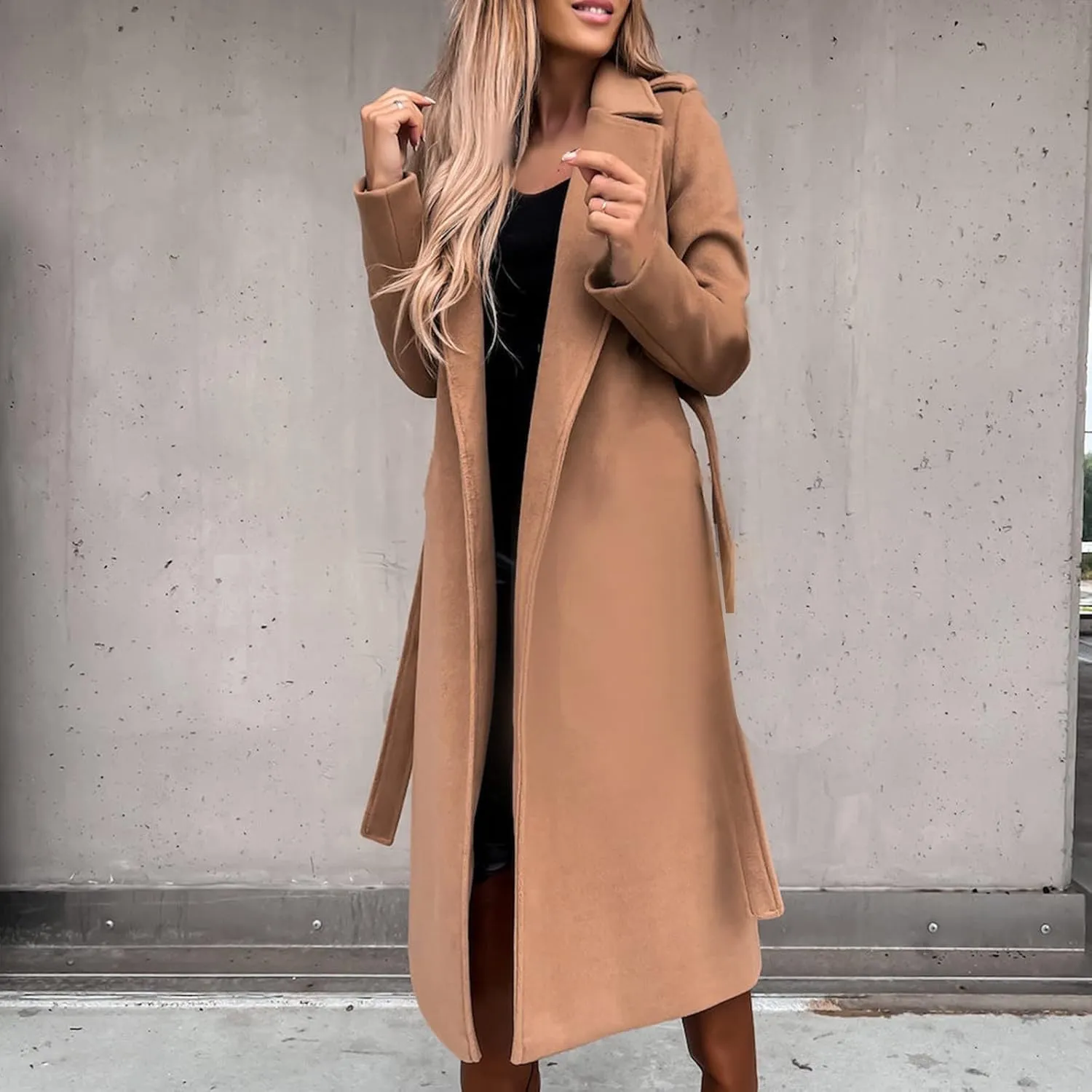 YRAETENM Wool Coats for Women Casual Notch Lapel Belted Mid Long Trench Coats Peacoats Fall Winter Warm Wrap Coats Overcoat