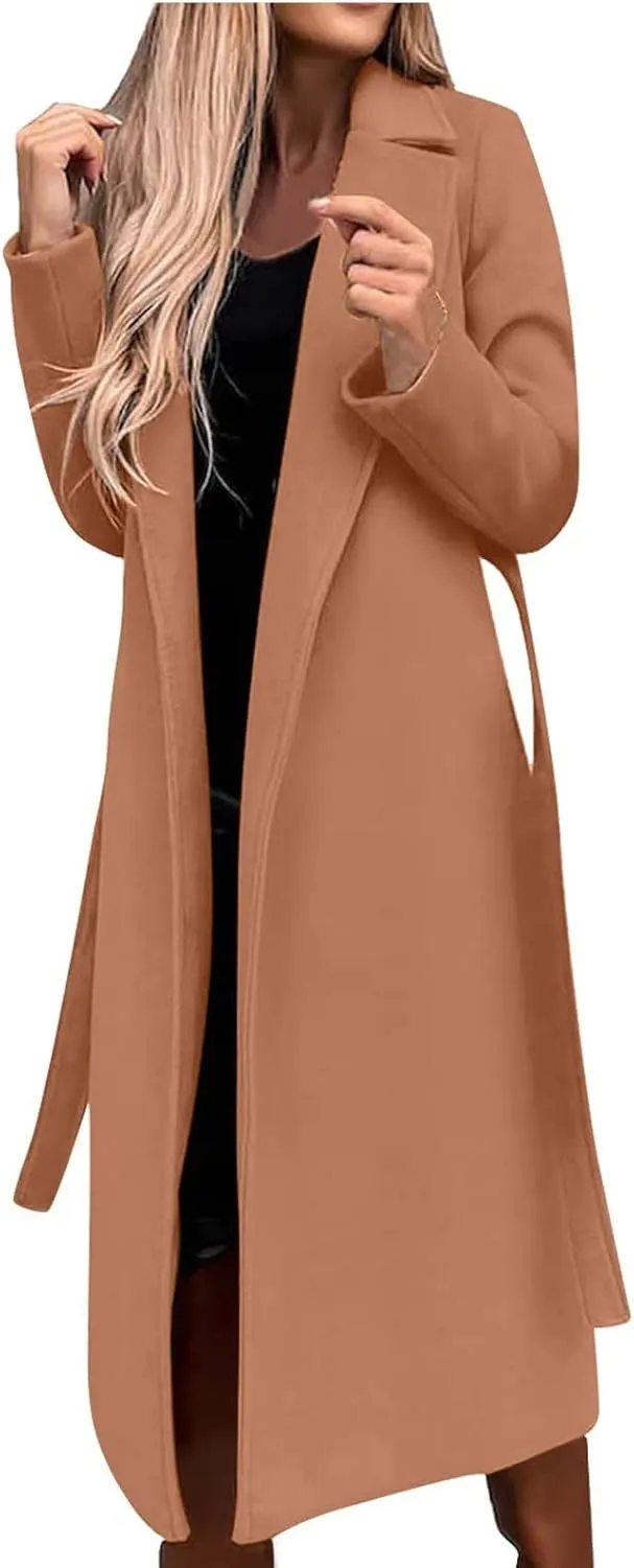 YRAETENM Wool Coats for Women Casual Notch Lapel Belted Mid Long Trench Coats Peacoats Fall Winter Warm Wrap Coats Overcoat
