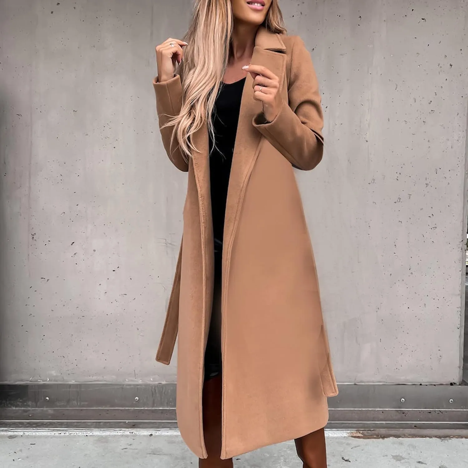 YRAETENM Wool Coats for Women Casual Notch Lapel Belted Mid Long Trench Coats Peacoats Fall Winter Warm Wrap Coats Overcoat