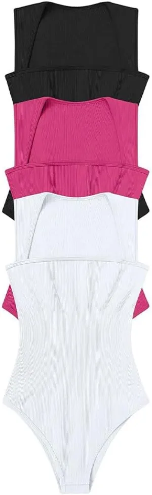 Zcargel Women Bodysuits 3PCS Womens Shapewear Sexy Sleeveless Ribbed Bodysuit Tummy Control Short Sleeve Square Neck Bodysuit
