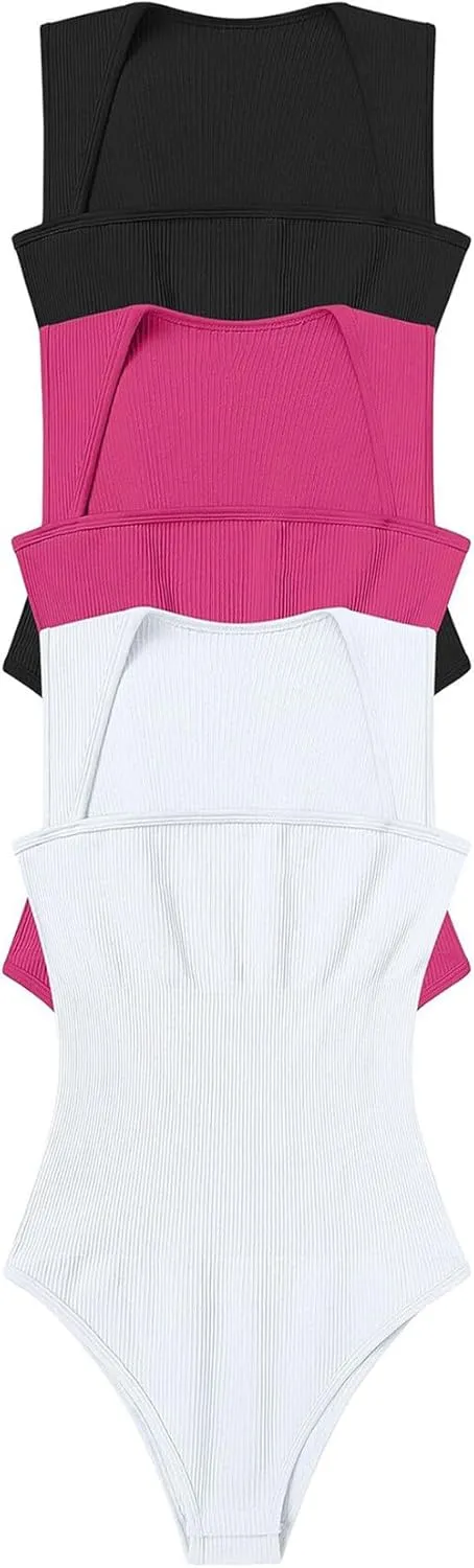 Zcargel Women Bodysuits 3PCS Womens Shapewear Sexy Sleeveless Ribbed Bodysuit Tummy Control Short Sleeve Square Neck Bodysuit