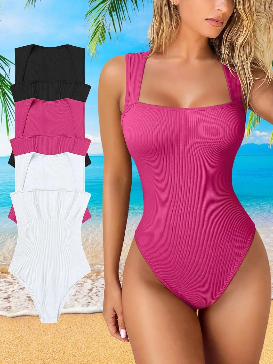 Zcargel Women Bodysuits 3PCS Womens Shapewear Sexy Sleeveless Ribbed Bodysuit Tummy Control Short Sleeve Square Neck Bodysuit