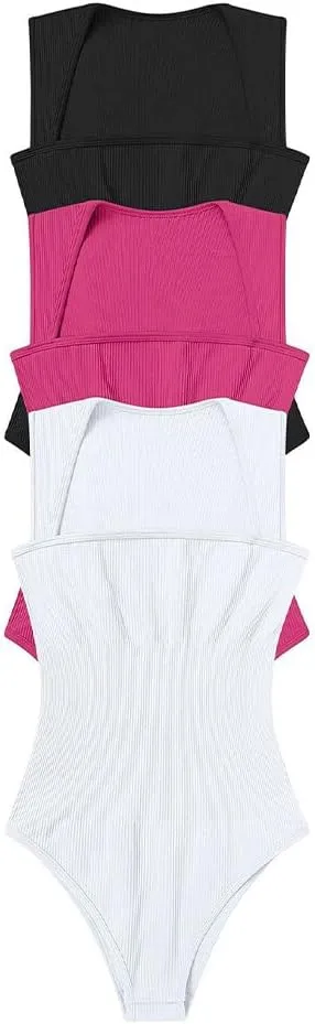 Zcargel Women Bodysuits 3PCS Womens Shapewear Sexy Sleeveless Ribbed Bodysuit Tummy Control Short Sleeve Square Neck Bodysuit