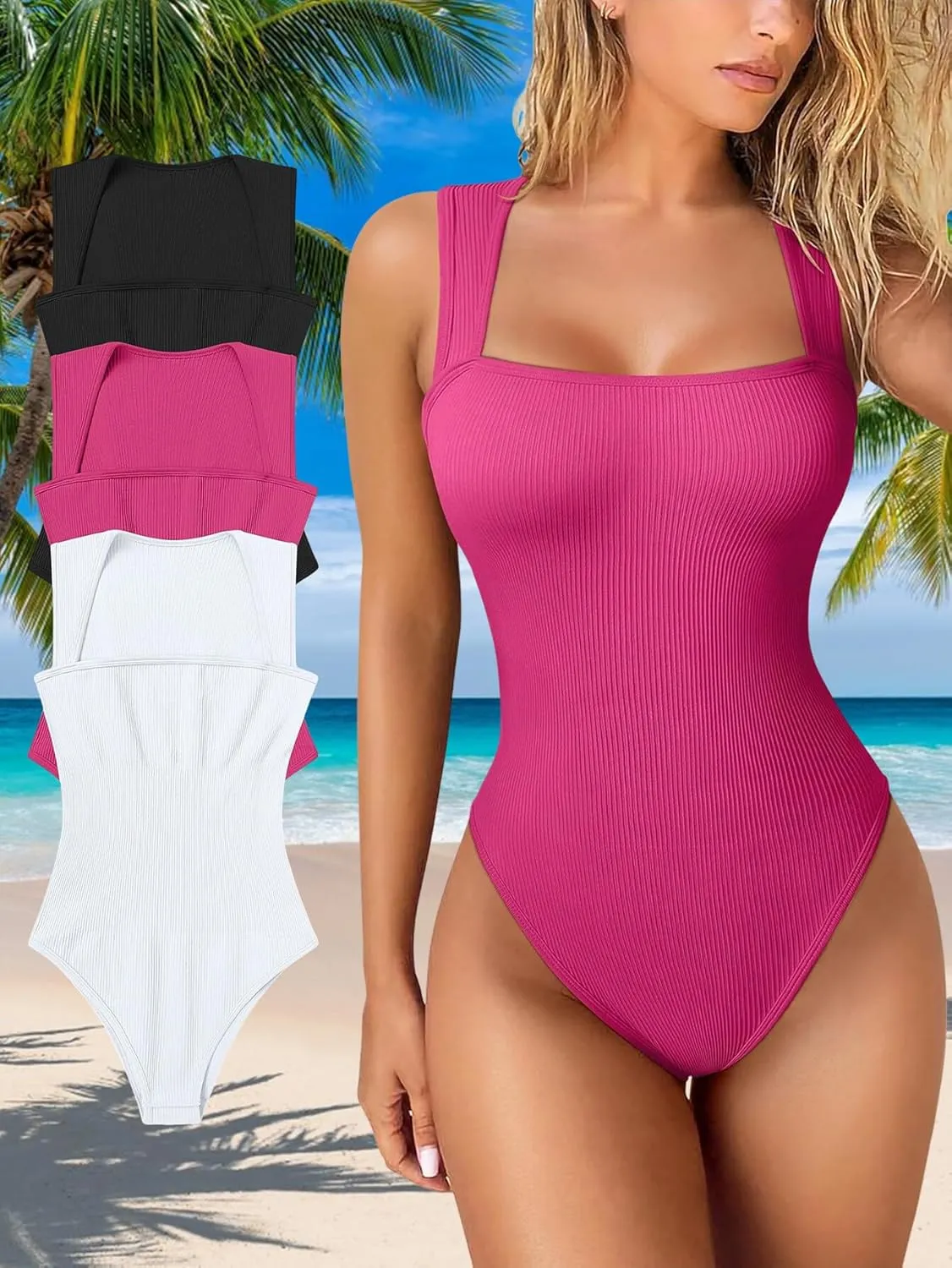 Zcargel Women Bodysuits 3PCS Womens Shapewear Sexy Sleeveless Ribbed Bodysuit Tummy Control Short Sleeve Square Neck Bodysuit
