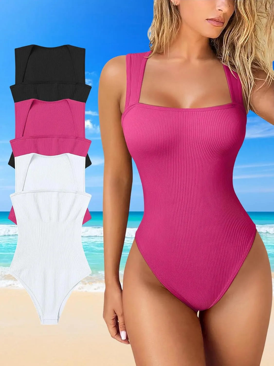Zcargel Women Bodysuits 3PCS Womens Shapewear Sexy Sleeveless Ribbed Bodysuit Tummy Control Short Sleeve Square Neck Bodysuit