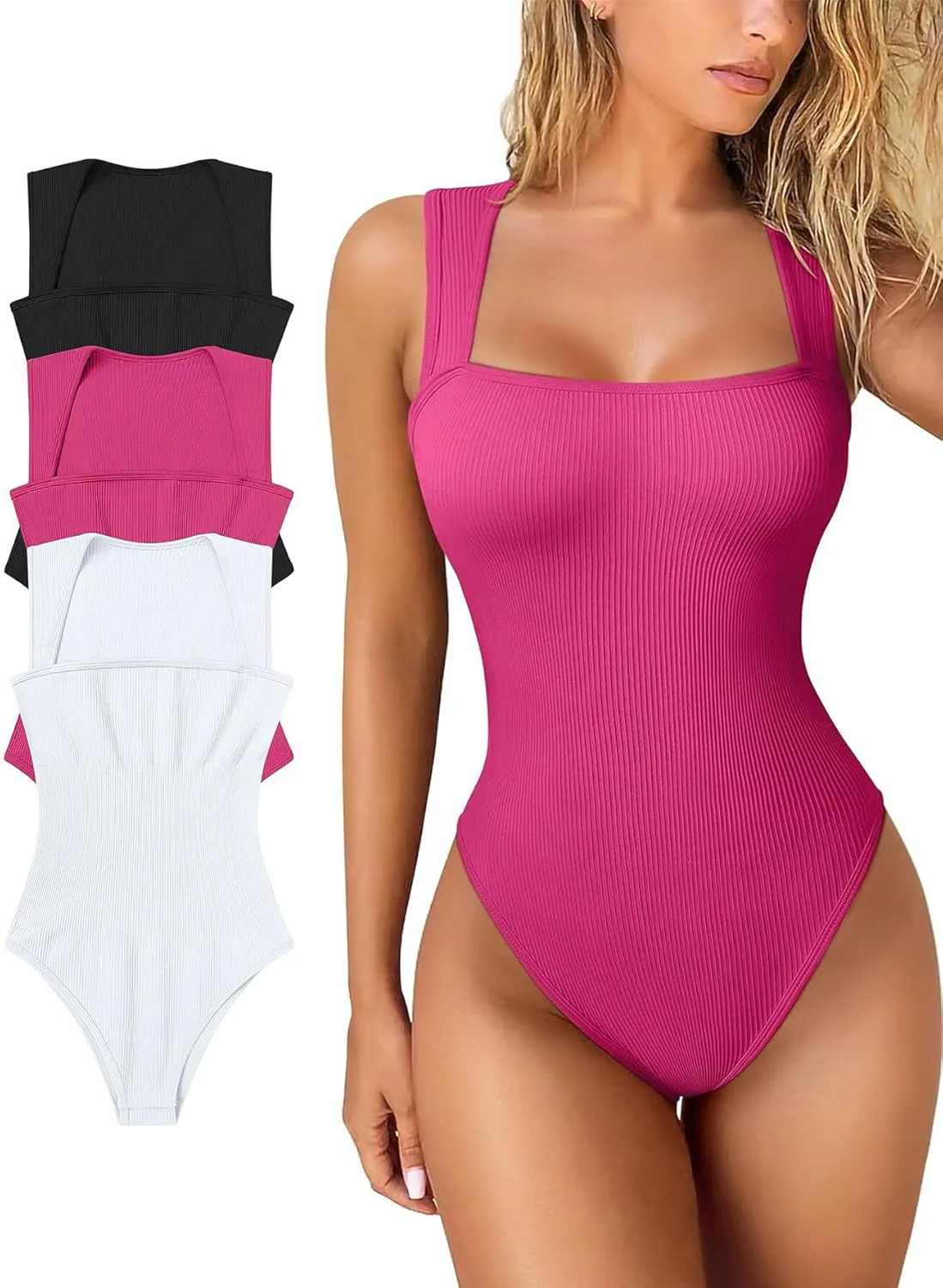 Zcargel Women Bodysuits 3PCS Womens Shapewear Sexy Sleeveless Ribbed Bodysuit Tummy Control Short Sleeve Square Neck Bodysuit