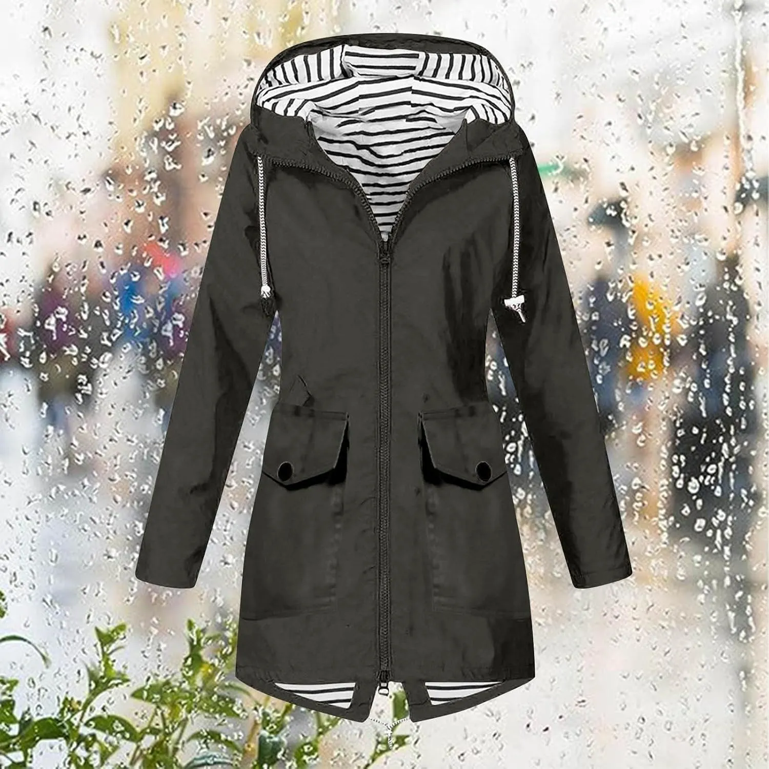 ZEFOTIM Womens Rain Jacket with Hood Waterproof Light Weight Casual Raincoat with Pockets Zip Up Hiking Jackets Clothes