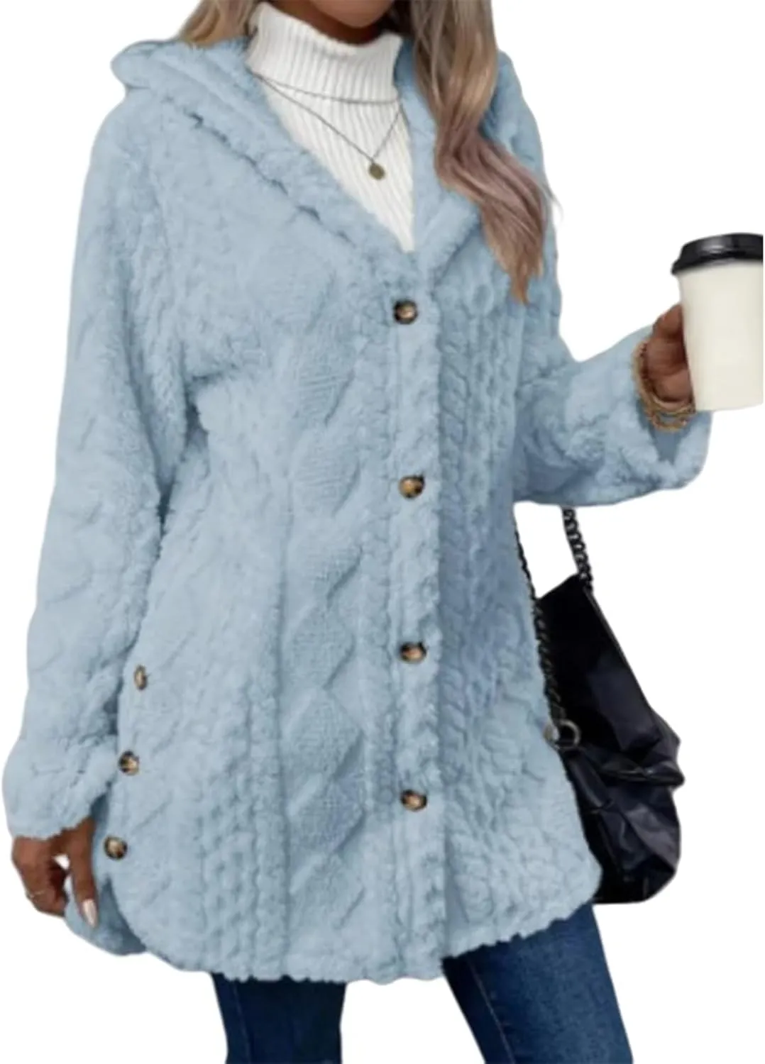 ZWRXW Women's Winter Warm Sweaters Coats Button Down Chunky Cable Knit Outerwear Open Front Long Sleeve Hooded Coatigan