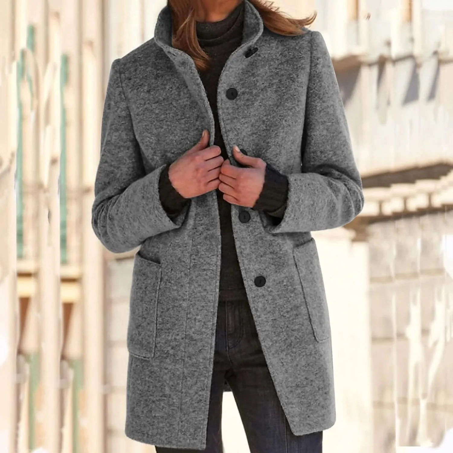 ZWRXW Women's Wool Blend Pea Coat Button Down Stand Collar Thicken Jacket Casual Solid Mid-Long Outerwear with Pockets