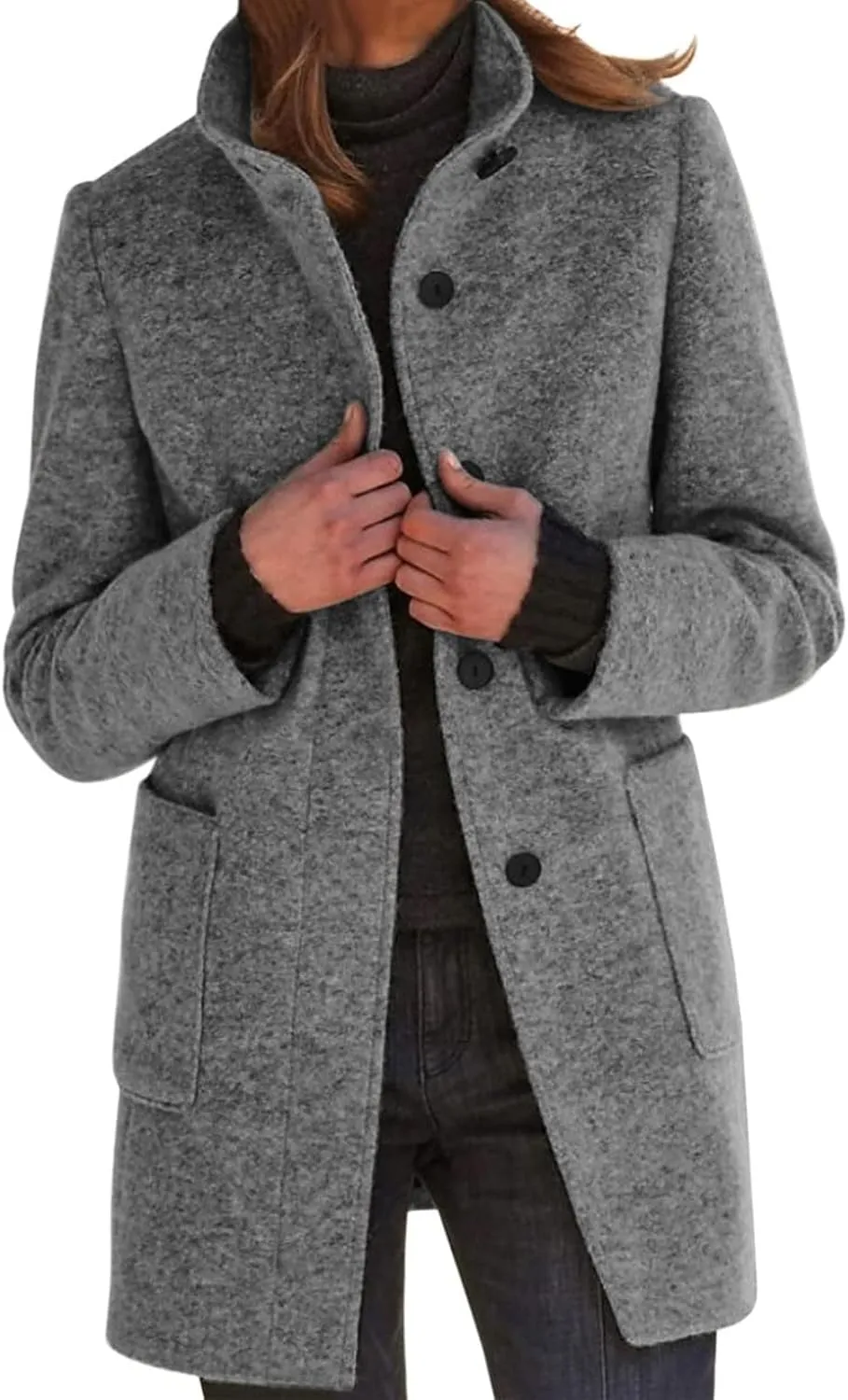 ZWRXW Women's Wool Blend Pea Coat Button Down Stand Collar Thicken Jacket Casual Solid Mid-Long Outerwear with Pockets