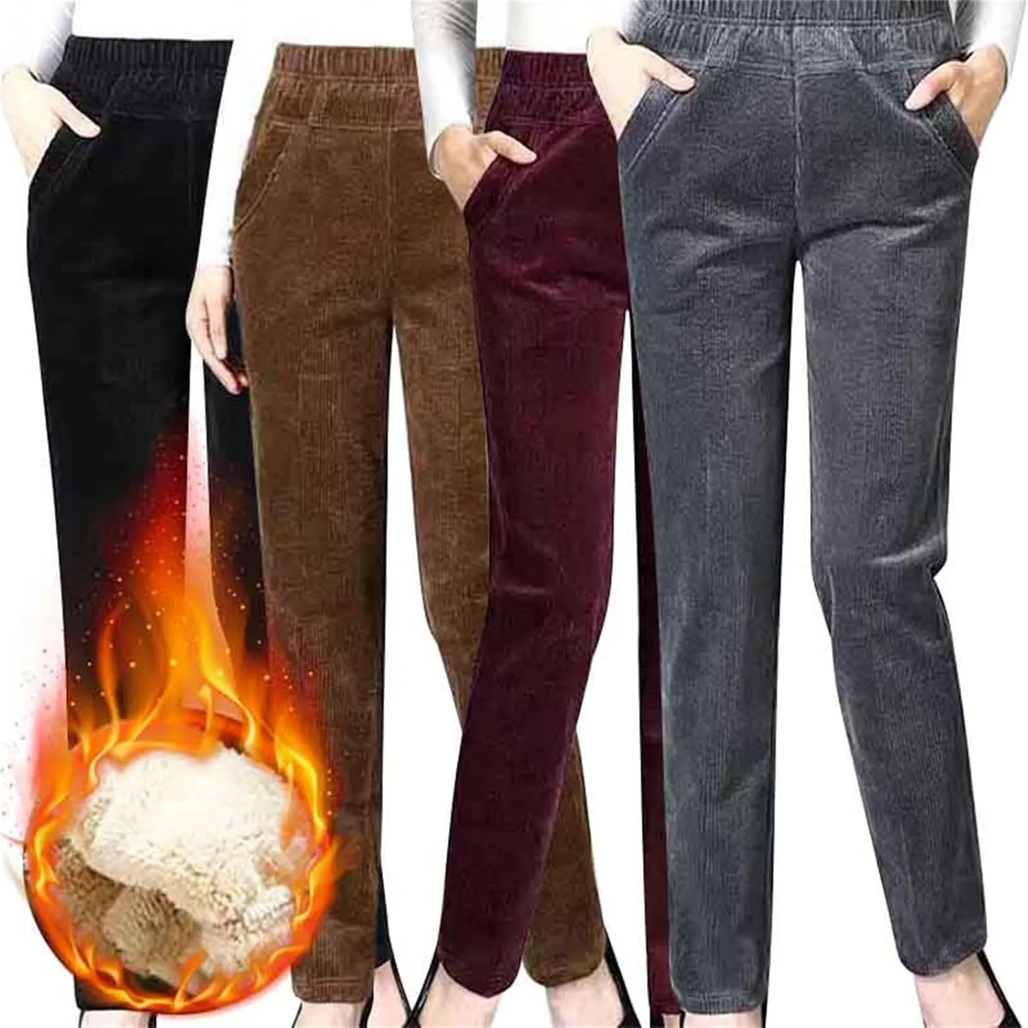 ZYXTIM Women's Fleece Lined Corduroy Pants Plus Size Elastic Waist Casual Pull On Soft Comfy Joggers Hiking Thermal Bottoms
