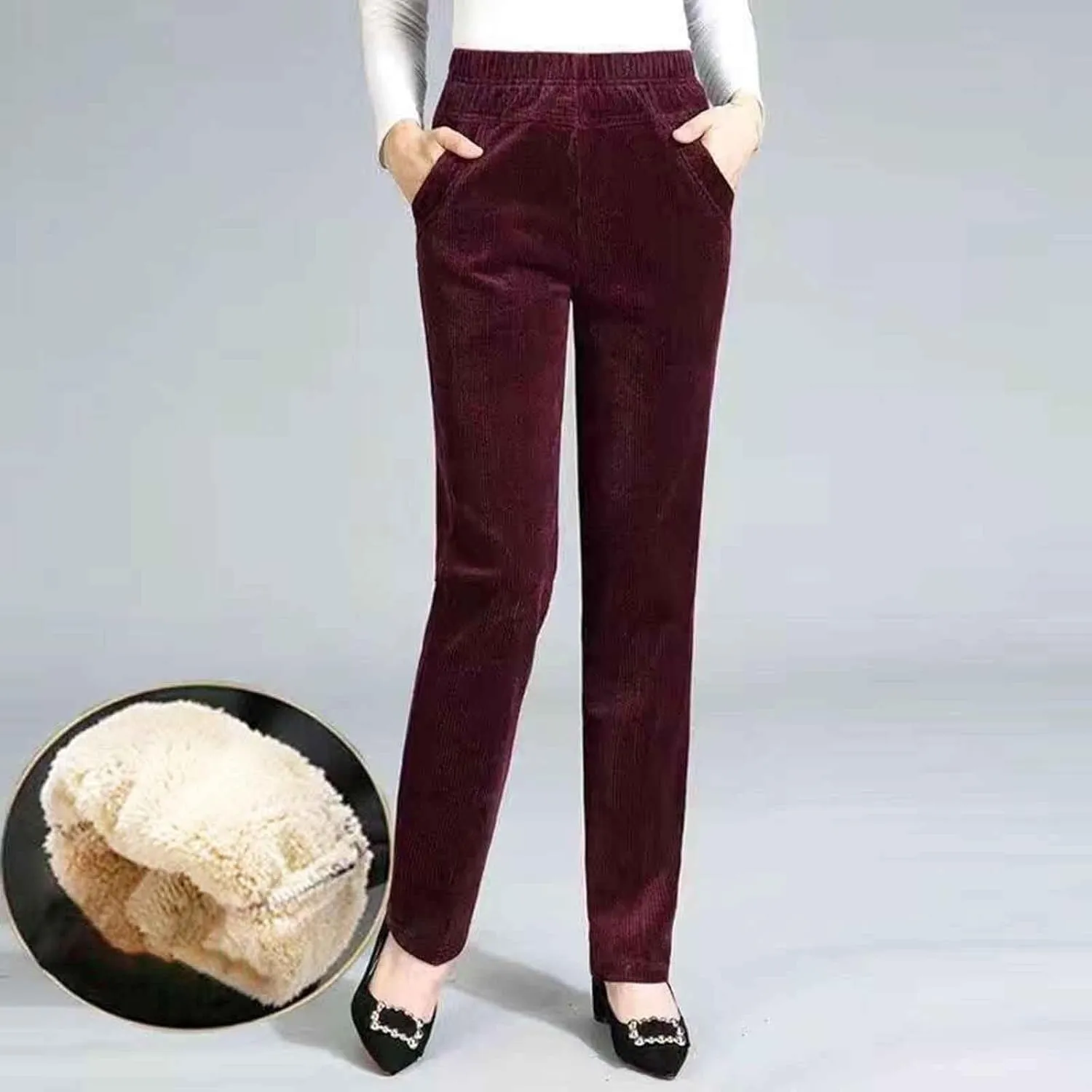 ZYXTIM Women's Fleece Lined Corduroy Pants Plus Size Elastic Waist Casual Pull On Soft Comfy Joggers Hiking Thermal Bottoms